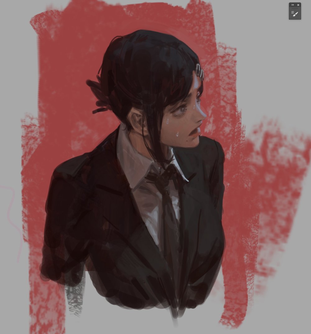 a digital drawing of kobeni higashiyama from chainsaw man, looking to the side with an expression of fear and apprehension, wearing a black suit with a white shirt and tie, against a rough, textured red and grey background.