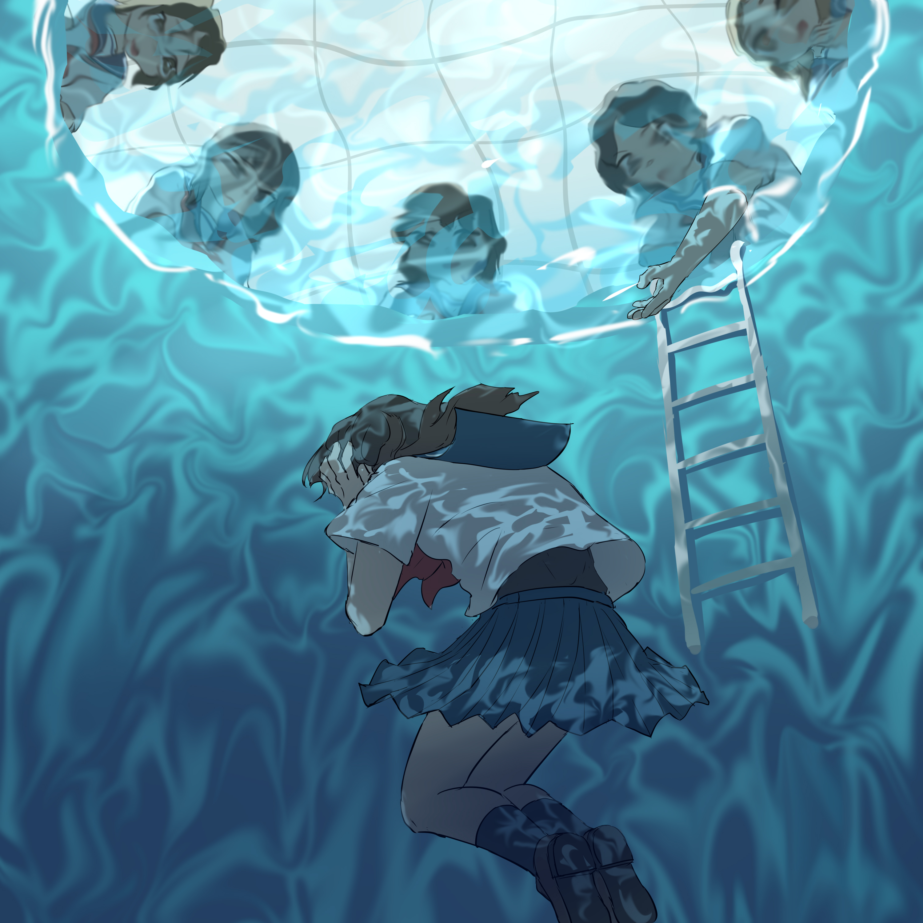 the illustration depicts a young animestyle girl submerged in a swimming pool, her face buried in her hands, suggesting distress or sadness.  above her, reflections of other girls in similar school uniforms are visible in the water, distorted by the ripples. a ladder leans against the pool's side, slightly out of reach. the overall mood is dark, melancholic, and suggestive of a tragic or emotionally difficult situation. the artist uses a teal and blue color palette to enhance the underwater setting and the feeling of sadness. the water itself is depicted with swirling, fluid motion.