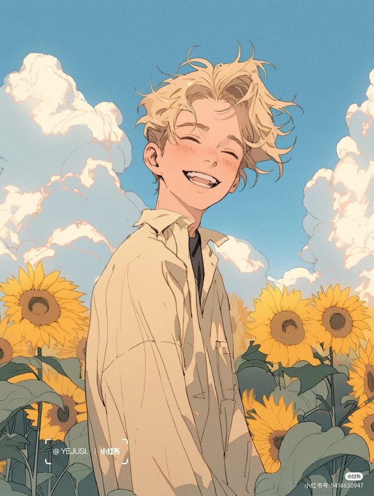 the image depicts a cheerful animestyle boy with blond hair, wearing a light beige shirt, standing in a field of sunflowers. he has a bright, happy expression. the art style is soft and pasteltoned, creating a peaceful and summery atmosphere. the background features a clear blue sky with fluffy clouds, enhancing the overall serene mood.  a subtle watermark is present.