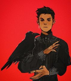the image portrays a young man with short, dark hair styled upwards. he has a serious expression and is adorned with gothic jewelry, including earrings, necklaces, and rings. he is wearing a black collared shirt with intricate lace detailing and holds a large black raven on his left arm. the background is a solid, vibrant red, creating a stark contrast and highlighting the subject. the overall aesthetic leans towards a dark and edgy gothic style.