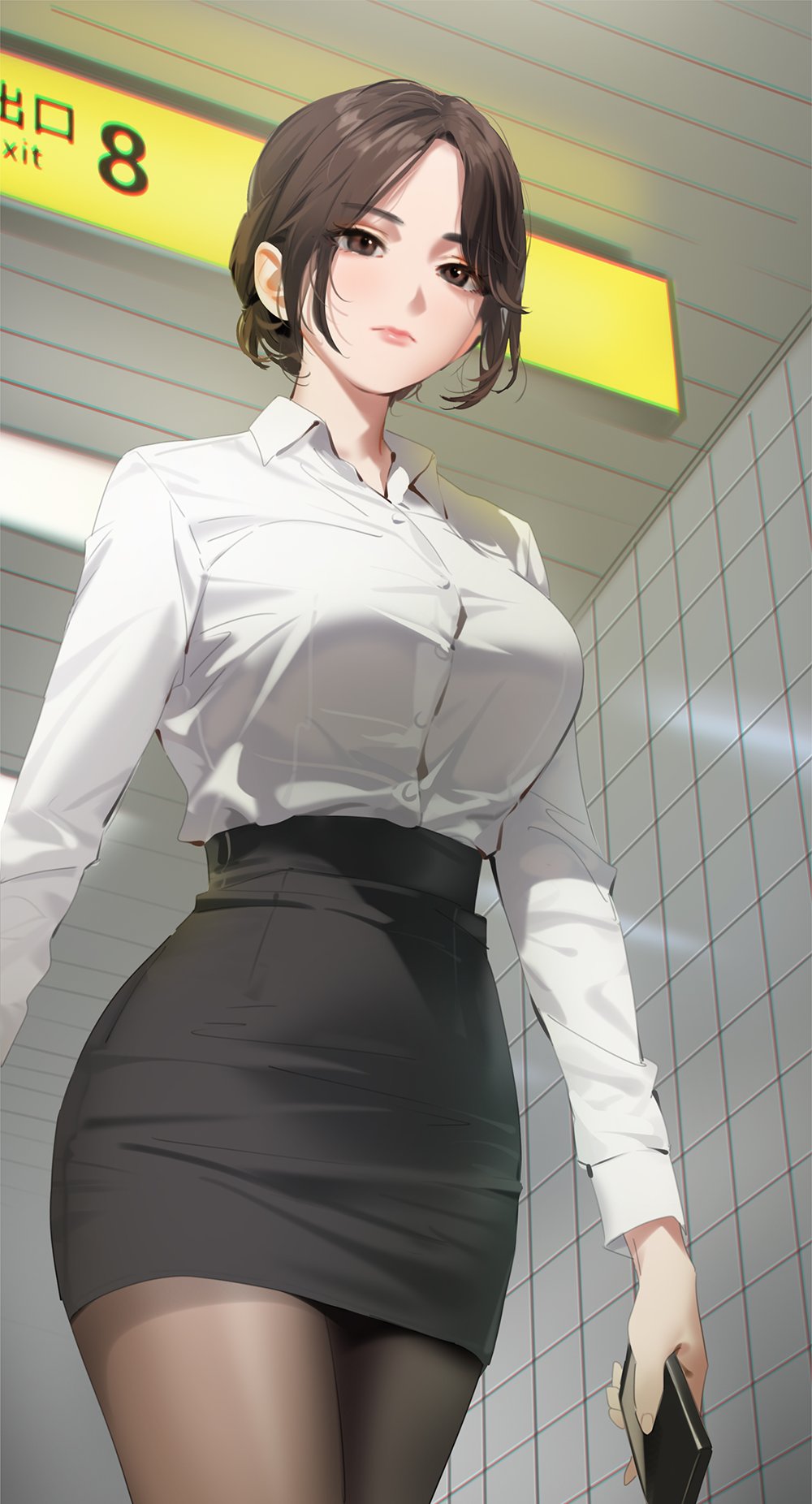 the image is a digital painting of an animestyle woman. she has brown hair, styled neatly, and is wearing a white business shirt and a black skirt. she is holding a smartphone in her hand, and appears to be in a subway station, as evidenced by the exit sign visible in the background. the overall style is realistic, with attention to detail in the clothing, hair, and skin texture. the woman’s pose and attire give her a sophisticated and slightly sexy look. the lighting and coloring of the scene create a calm atmosphere.