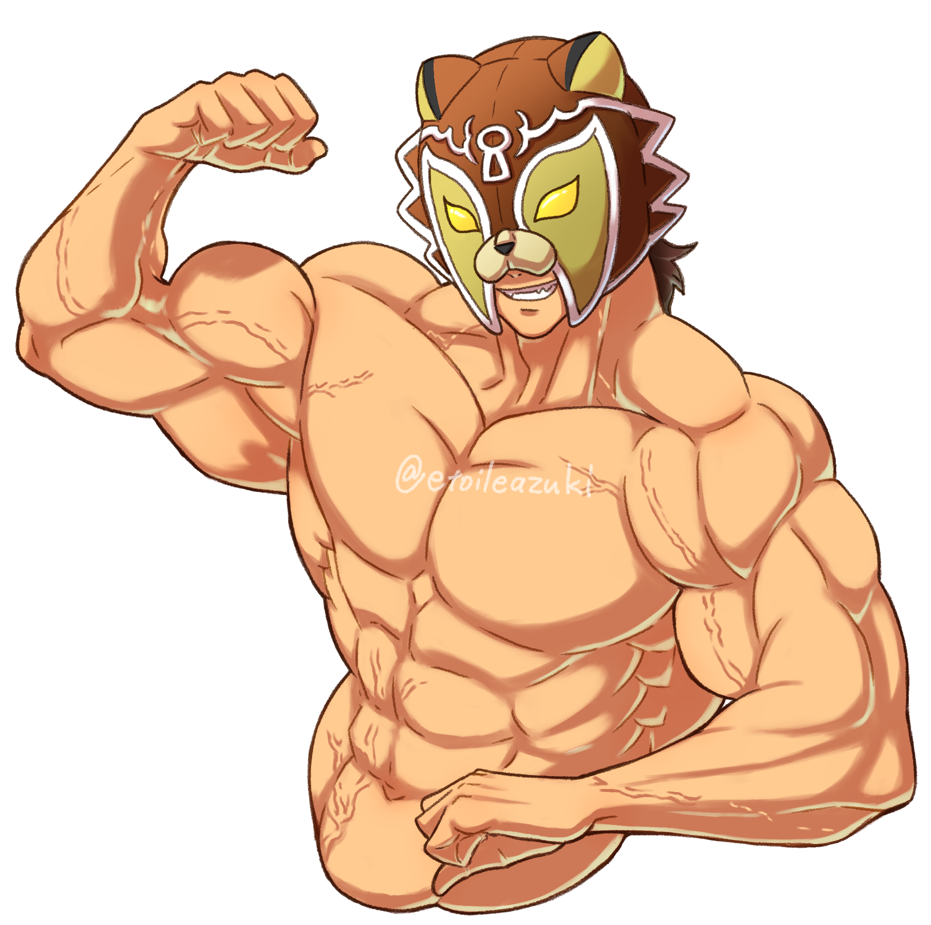 the image is a digital illustration in an anime/cartoon style depicting a muscular, shirtless man. he's flexing his bicep, showcasing his highly developed physique.  the man is wearing a lucha librestyle wrestling mask that resembles a bear's head, primarily brown with gold details and glowing yellow eyes. the art style is vibrant and emphasizes the character's strength and powerful build. the artist's watermark, "@etoileazuki," is visible on the image.  the background is transparent, making the character stand out.