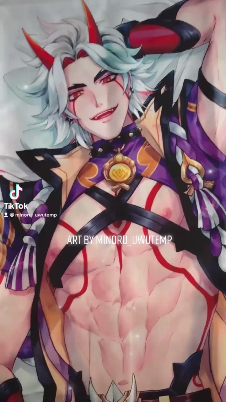 this is an illustration of an anime character with white hair, red eyes, horns, and a muscular torso. he is dressed in a  kimono with purple and gold accents. he has a belt and a collar with black and red details. the background is white and the illustration is drawn in a manga style.