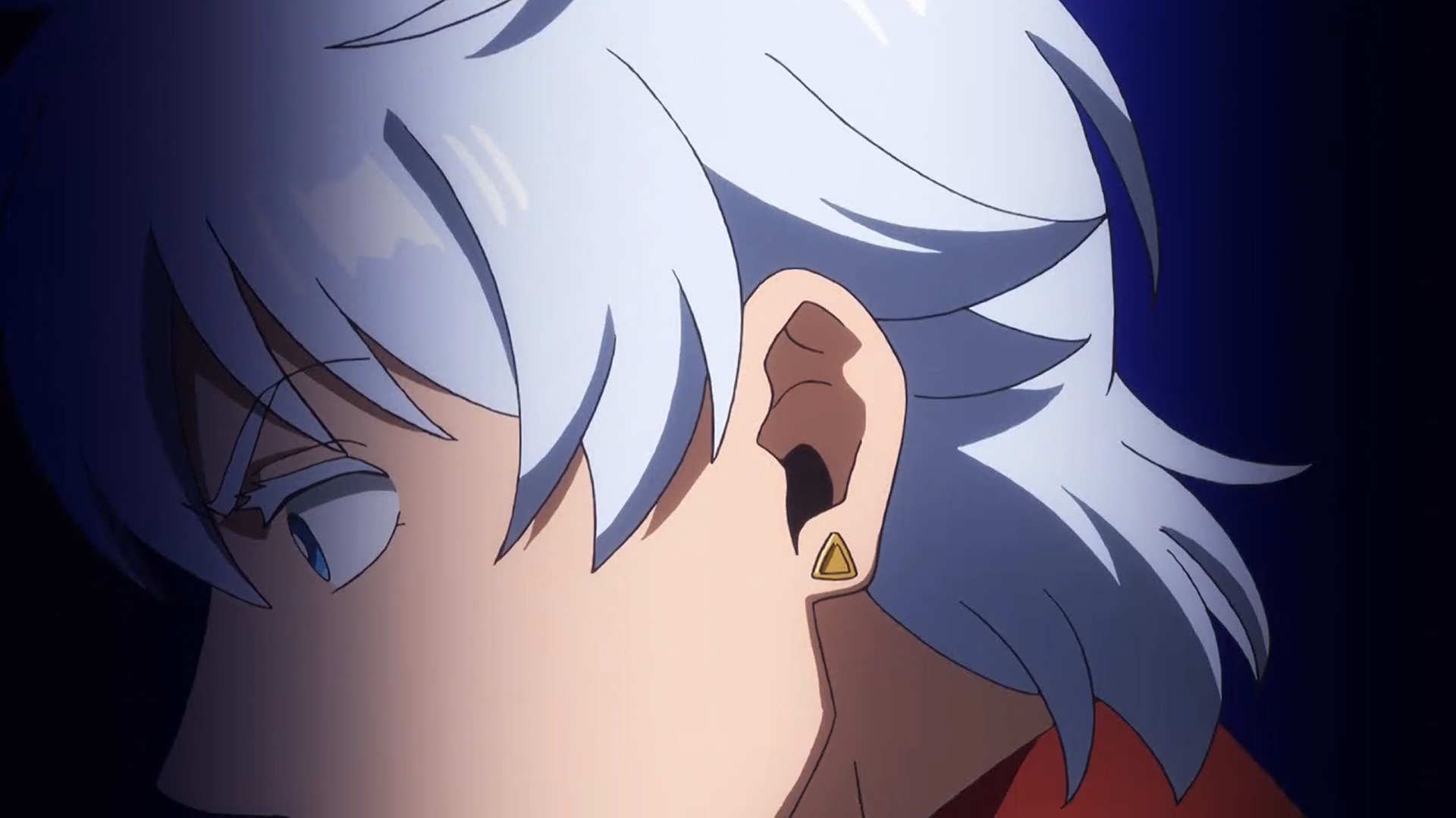 this is a dramatically lit illustration of an anime character. he is a young man with white hair and blue eyes, shown from his left side in closeup. his expression is serious. he has a small, triangular gold earring in his left ear. he is wearing a red shirt. the background is dark blue.