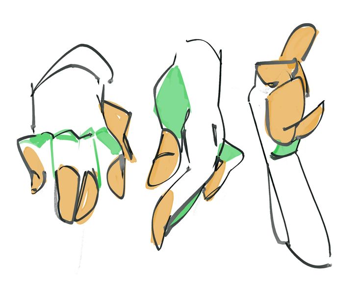 the image shows a sketch of three different hand poses. the hands are outlined in black and have green and brown color fills. they appear to be studies of hand gestures or anatomy.