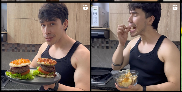 two images in a collage format. on the left, a man in a black tank top holds up a plate with two large burgers on it while looking at the camera. on the right, the same man is eating french fries out of a glass bowl and smiling. the background of the image is a kitchen.