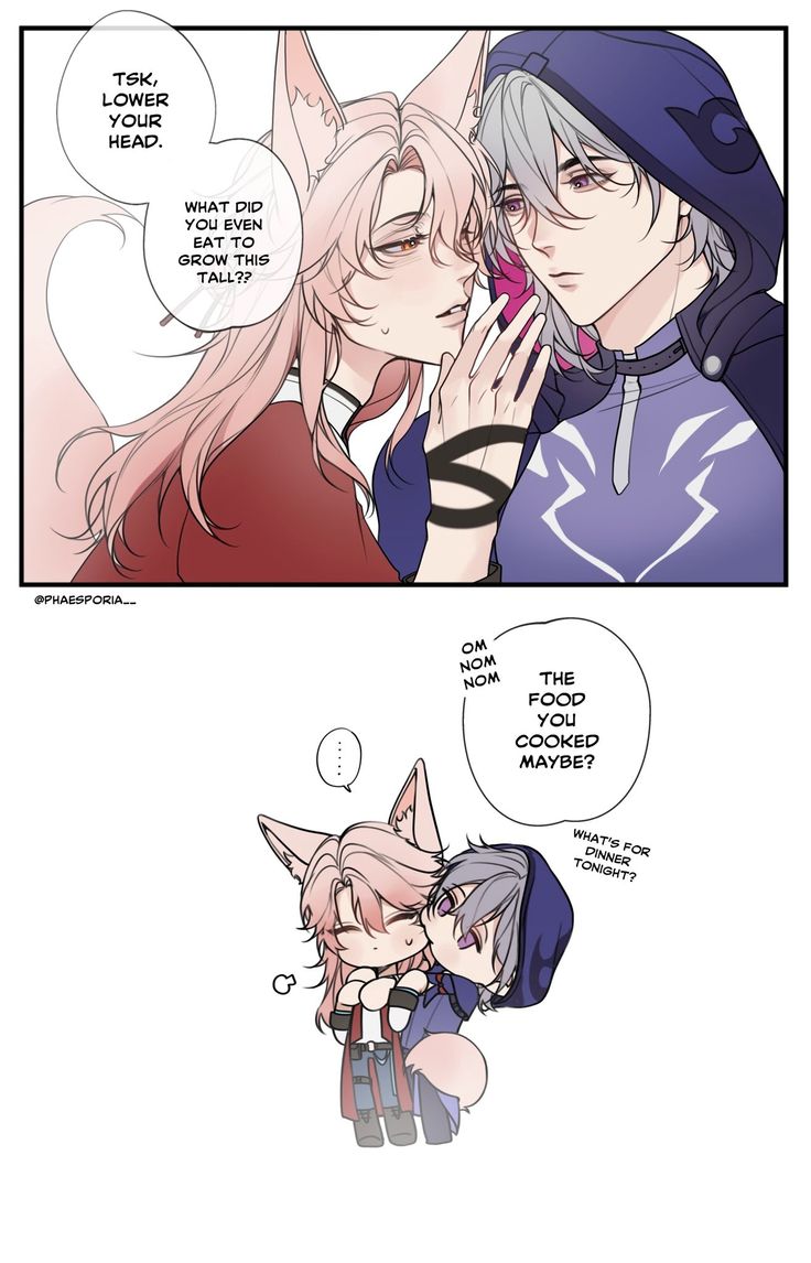 he image is a twopanel mangastyle comic. the first panel features two characters, a tall, pinkhaired character with fox ears and a shorter, greyhaired character wearing a hooded cloak. the tall character is looking down at the shorter character, who is looking up at them. the text bubbles indicate conversation between them, with the tall character telling the shorter one to lower their head, and the shorter character wondering what the taller character ate to grow so tall. the second panel shows the same two characters in chibi form, with the shorter character hugging the taller one and asking what's for dinner. the overall style is cute and romantic, with a focus on the affection between the two characters.