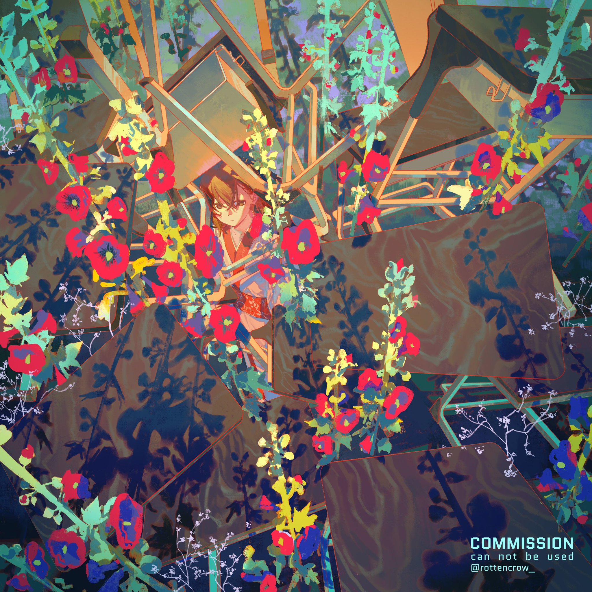 the image features an anime girl with long blonde hair and a blue and white dress, standing amongst a multitude of red and blue flowers. the background is composed of wooden furniture, chairs and tables, piled up in a jumbled, fantastical way. the composition is vibrant and colorful, with a whimsical feel, as if the girl and flowers are growing out of and around the furniture. the image is a digital illustration, created with a mix of realistic and stylized elements.