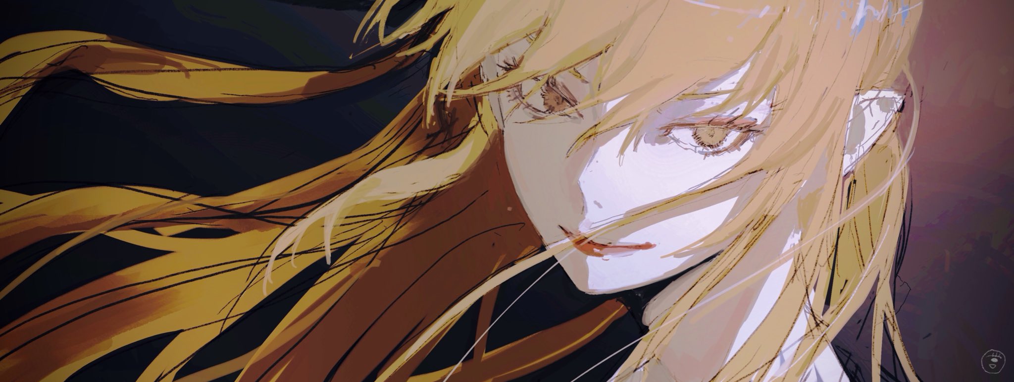 the image is a digital painting or illustration of an animestyle girl with long, flowing blonde hair.  the hair is depicted with dynamic, loose brushstrokes, suggesting movement in the wind. the focus is on her face, which is partially obscured by her hair. her eyes are a striking amber color, and her expression appears somewhat serious or pensive. the color palette is primarily warm tones of yellow, orange, and brown, contrasted against a dark background. the overall style is abstract and impressionistic, emphasizing mood and atmosphere over precise detail.  the artist's signature or watermark is visible in the bottom right corner.