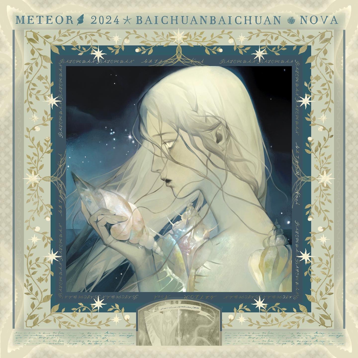 this is an illustration of a young woman with long, white hair looking down. she is holding a seashell in her right hand. the woman appears to be a mystical or ethereal being, possibly a fairy or a nymph. the background is a night sky with stars. the entire scene is dreamy and magical.  the woman's clothing is white and flowing. she is standing in front of a starry sky with a galaxy. the scene seems to be magical and possibly part of a fairy tale.