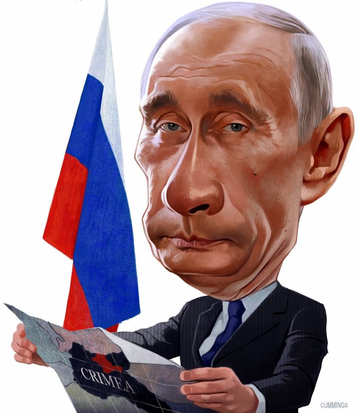 a caricature of vladimir putin holding a map with "crimea" written on it, next to a russian flag. he is wearing a suit and tie.