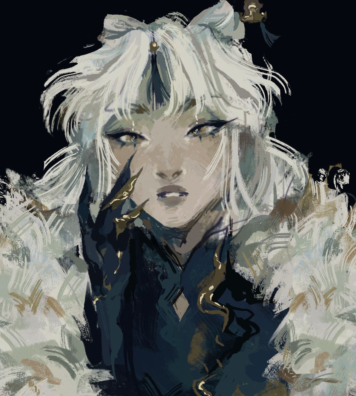 the image is a digital painting of a female character, possibly from a fantasy setting or anime/mangainspired world.  she has long, white or light gray hair styled up with bows and an ornate hairpiece. her expression is serious and captivating, and her eyes are striking. she's wearing a dark, elegant outfit with gold accents, and detailed gloves that seem to have clawlike embellishments. the art style is painterly and expressive, using loose brushstrokes to create a textured and somewhat abstract effect, particularly in the clothing and background.  the overall mood is one of mystery and intrigue.