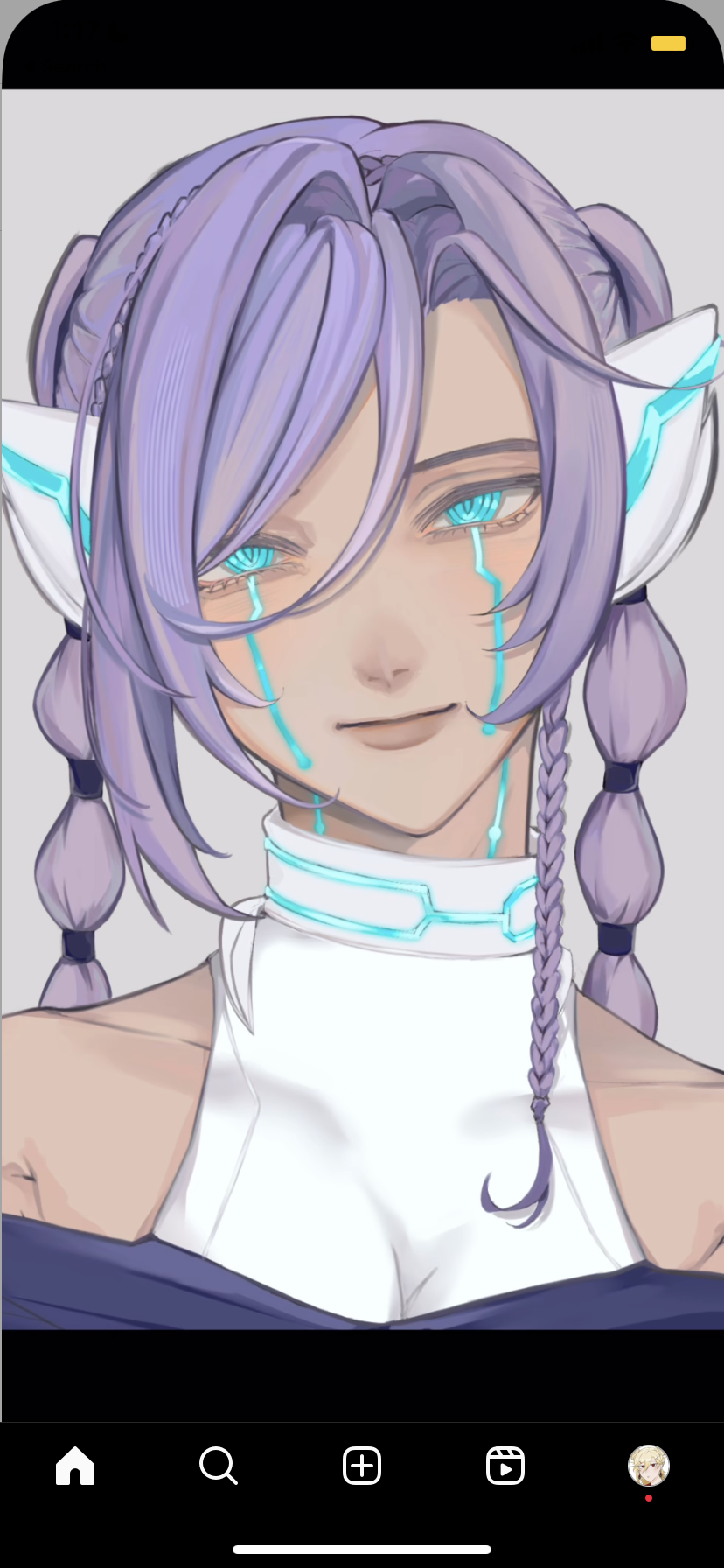 an animestyle portrait of a girl with purple hair, blue eyes, and a white dress. she has tears running down her face, and she has a futuristic, scifi aesthetic. the art style is detailed and beautiful.