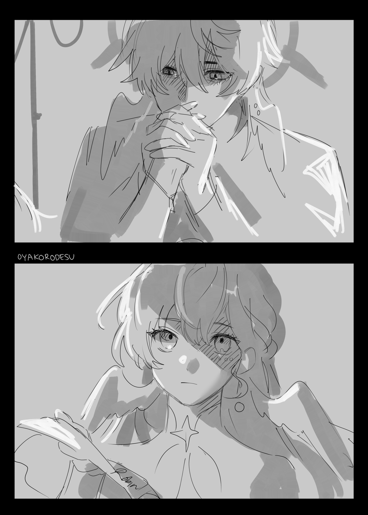 the image is a black and white sketch of two anime characters. the top half of the image shows a male character with long hair, his head lowered, and his hands clasped together as he seems to cry. in the lower half of the image, a female character with long, flowing hair looks upwards with an expression of sadness or pain. her head is tilted slightly to the side. there appears to be a shadow covering the right side of her face. there is a light, blurred background behind each character, which suggests that they are in different locations or scenes. the two characters' expressions suggest that they are feeling sad or experiencing grief or pain.
