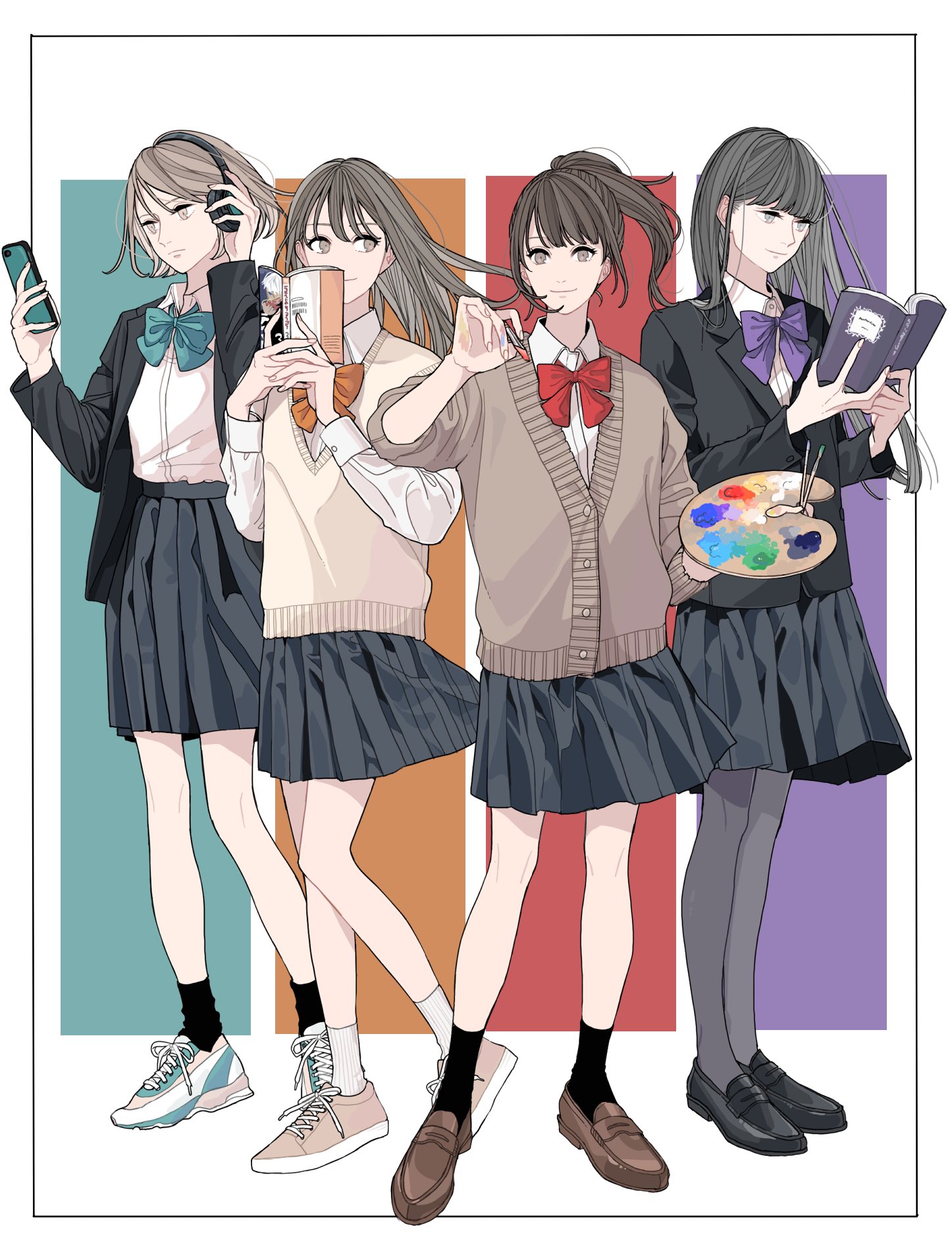 the image depicts four animestyle schoolgirls in their school uniforms. each girl is holding or interacting with a different item: one has a smartphone, another is holding a book and pretending it's a camera, the third is playing with a strand of her hair, and the last is holding an artist's palette with brushes and reading a book. they are all wearing different variations of a school uniform, including blazers, cardigans, skirts, and different types of footwear like loafers and sneakers. they stand against a backdrop of vertical colored stripes.