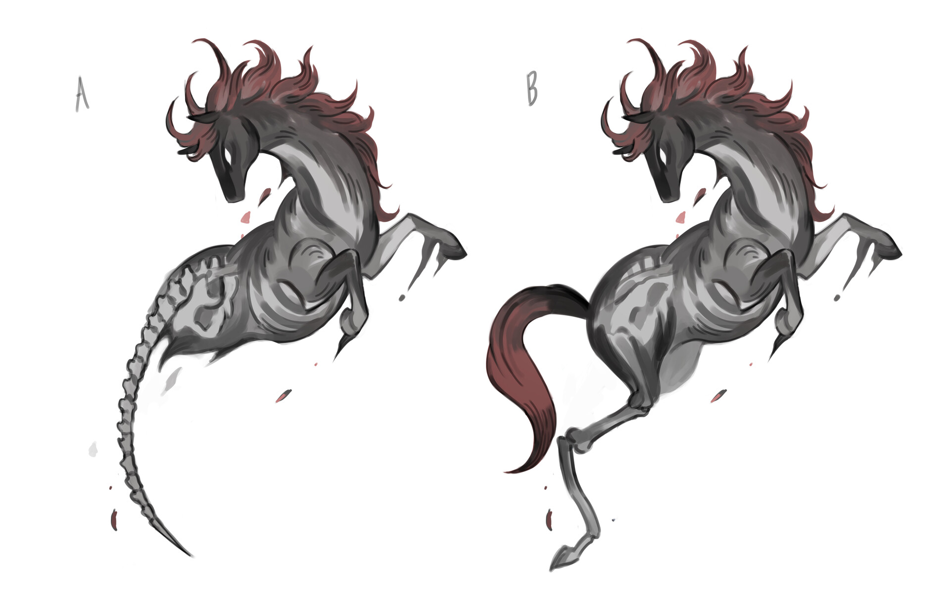 the image presents two sketches (labeled a and b) of a rearing horse with visible skeletal features.  both illustrations depict a horse in a dynamic pose, showcasing the skeletal structure of its body. the horse is predominantly black and gray, with hints of red in its mane and tail.