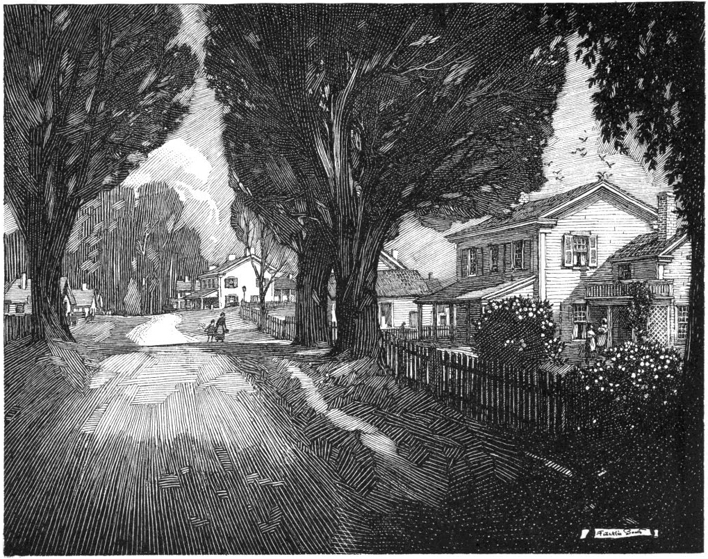 this is a black and white woodcut or wood engraving print depicting a street scene. the street is lined with houses, some of which appear to be older, and large, leafy trees that form a canopy over the road. there are figures, including women and possibly children, walking on the street. the style suggests an older time period, possibly 19th or early 20th century, and there is a lot of detail in the shading and texturing of the trees, houses, and road surface. the image is detailed and depicts a quiet, rural or smalltown setting. the artist's signature is visible in the lower right corner.
