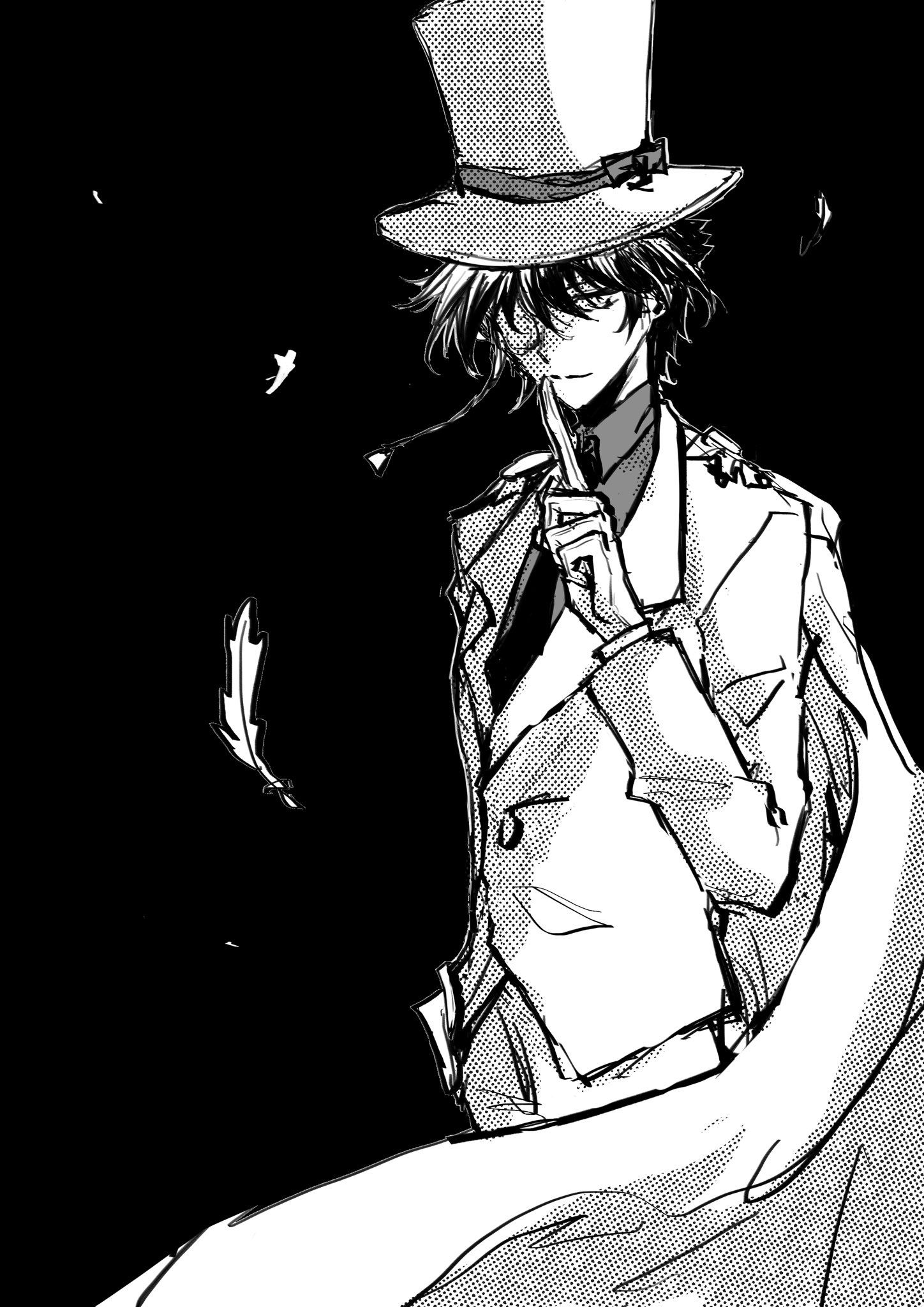 this is a black and white drawing of a man in a suit and top hat. he is holding a finger to his lips. there is a cape or cloak around his shoulders, and he looks like a very mysterious and secretive character.  he appears to be holding back a secret. the image is very dark and stylized, which adds to the mysterious atmosphere.