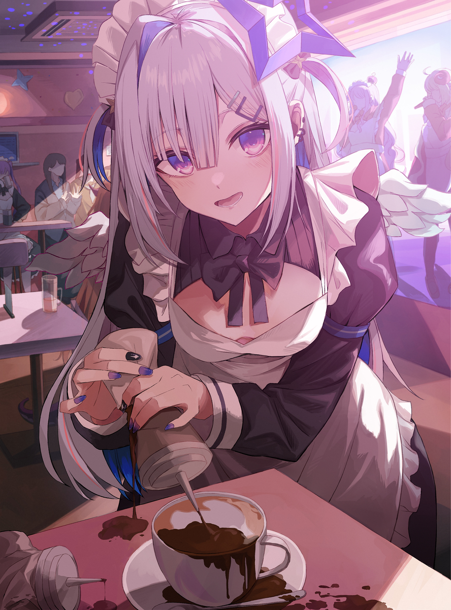 he image is a digital drawing of an animestyle girl who appears to be a maid in a cafe. she has long, white and purple hair, purple eyes, and is wearing a maid uniform with a darkcolored apron and white blouse. she's adding chocolate syrup to a cup of coffee for a customer. the background shows a cafe setting at night with other people visible, giving a lively atmosphere. the overall style is detailed and colorful, with soft lighting and a focus on the girl's expression and actions.
