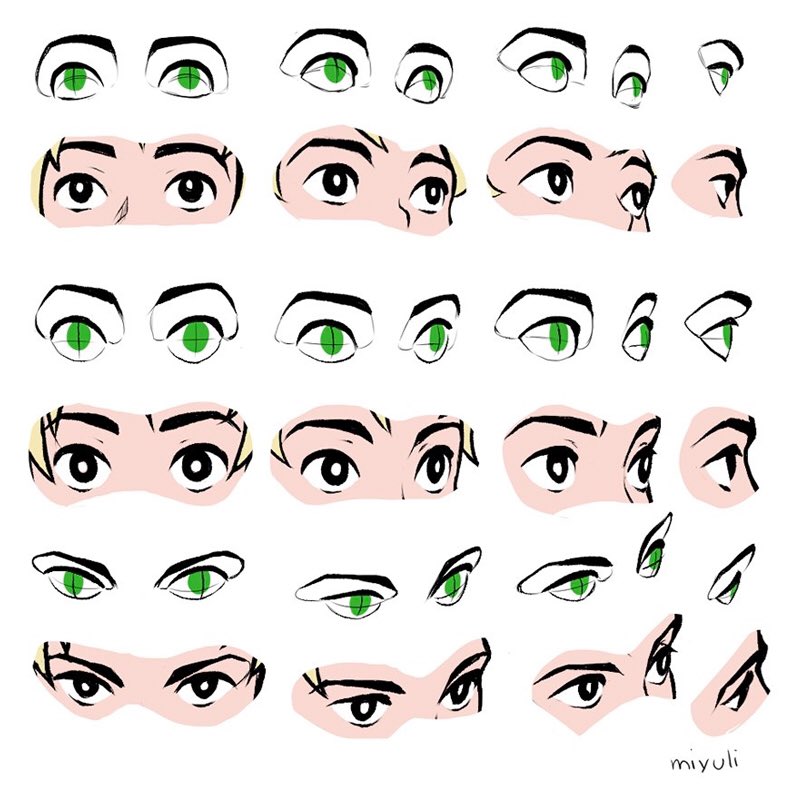 the image is a tutorial or guide for drawing eyes in various positions. the eyes are stylized in a cartoon or anime style and shown in frontal, threequarter, and side views. it highlights the structure and shape of the eyes with simple linework.  the top rows show basic outlines of the eyes, while the bottom rows showcase complete eyes with shading, eyebrows, and eyelid details.