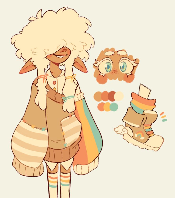 this is a digital illustration of a furry character. they have fluffy white hair, tan skin, and big, round eyes. they're wearing a brown sweater with a rainbow stripe going down the arm, and colorful socks. on the right side of the image is a colorful palette, and a drawing of a rainbow boot, possibly for the character to wear.