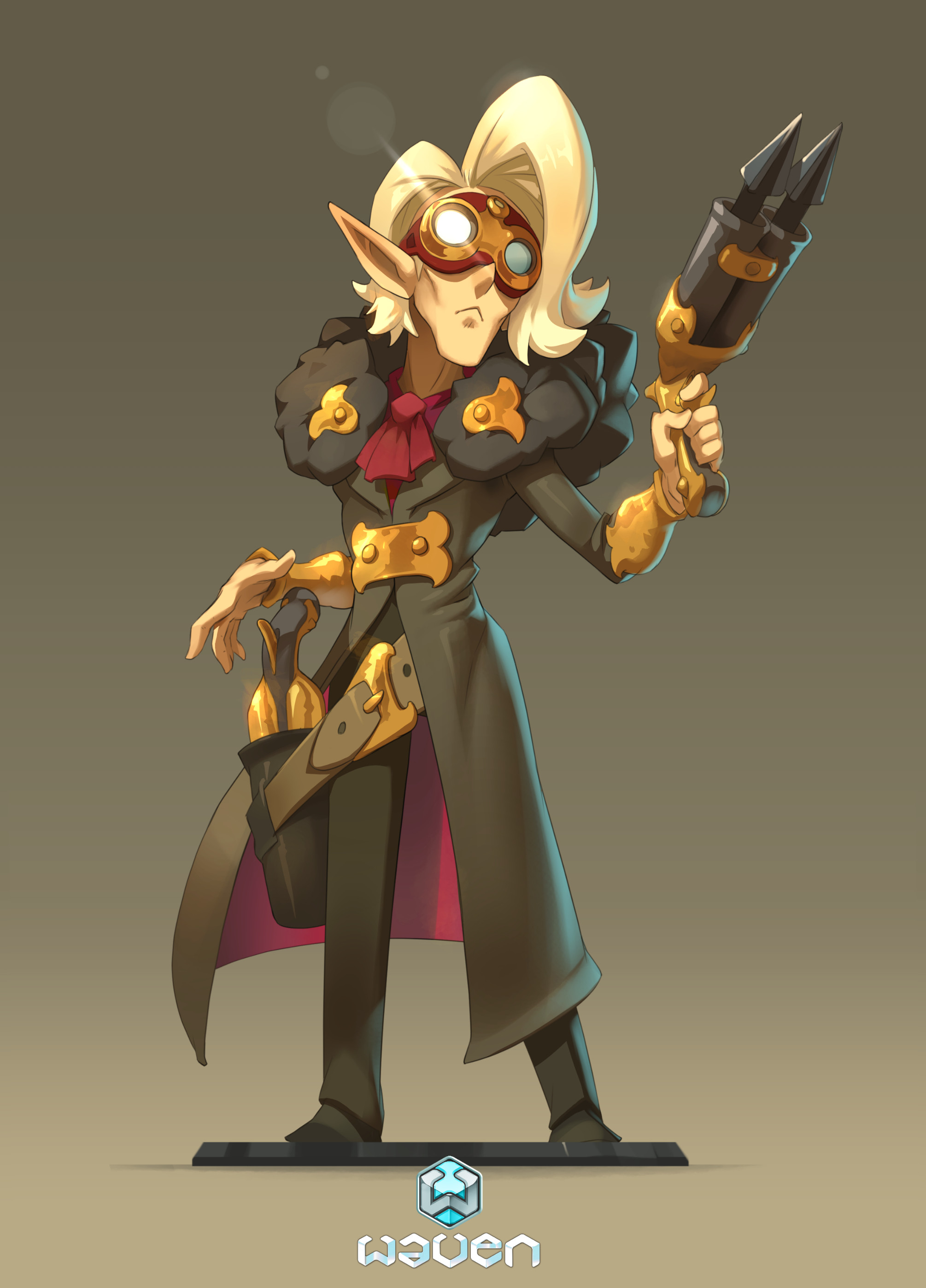 this digital illustration shows a cartoonish character with an elflike appearance. the character wears a dark coat with a black belt and gold buckles, and a red bow tie. the character is holding a black pistol with a gold design in their right hand. the character is also wearing goggles, and has a gold belt with a matching holster. the image's background is a light brown color. the artist signature "wavven" is at the bottom of the image.