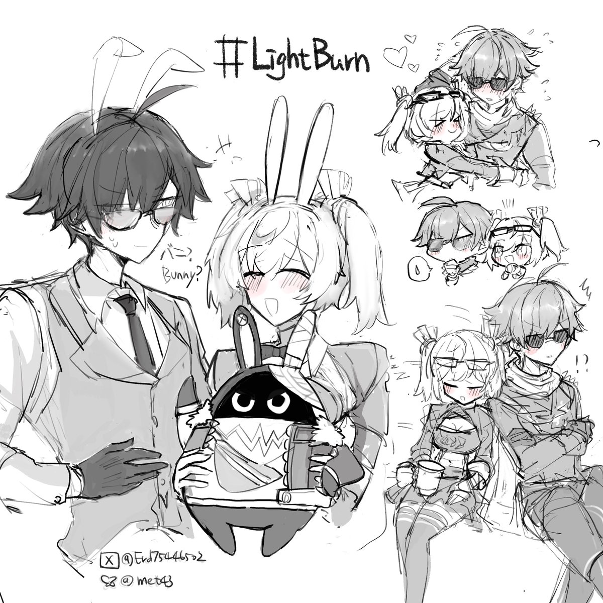 the image is a collection of black and white sketches, seemingly fanart, featuring several animestyle characters. the main focus is on a couple; a boy with sunglasses and a girl dressed in bunny ears and attire, holding a small, dark character resembling a plush toy.  the style is loose and expressive, typical of a quick sketch or concept art.  smaller sketches surrounding the main couple depict various other characters in different poses and expressions, some seemingly chibistyle. the hashtag "#lightburn" is prominently displayed, possibly indicating the source material or the artist's tag. the overall mood is lighthearted and affectionate.
