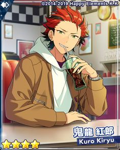 a digital illustration of kuro kiryu from the mobile game ensemble stars. he is sitting at a diner counter, leaning forward with his elbows resting on the surface. he holds a glass of cola in his right hand, and is wearing a brown jacket over a white hooded sweatshirt. the background depicts a classic american diner setting.