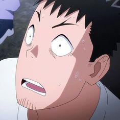 a closeup illustration of a man with a surprised and fearful expression. he has short black hair, dark eyes wide with fear, and his mouth is open in a gasp. beads of sweat are visible on his face.  the style of the image suggests it is from an anime or manga.