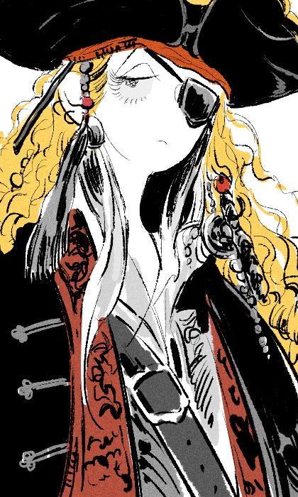 a digital illustration of a pirate captain, drawn in a sketchy style. they have long, blonde hair, an eye patch over their left eye, and a black hat with a red band. they are wearing a black jacket with red accents, and a gold necklace. they look tired and have a stern expression on their face. the art is drawn with a loose style and has a dark and slightly gritty tone.