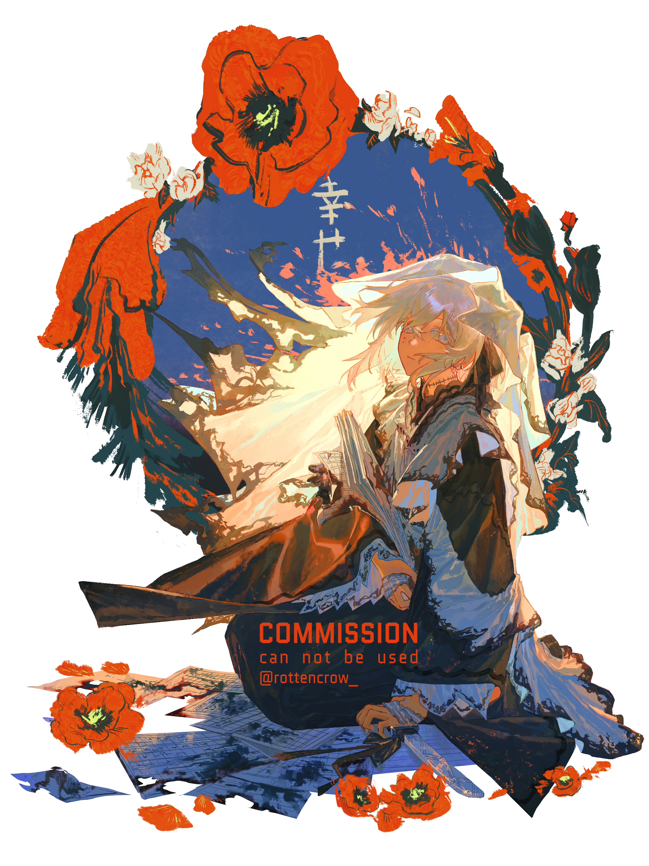 a digital art piece featuring an anime woman in a kimono, holding a sword. she is surrounded by red poppy flowers and the background is a blue and white gradient. the art is very detailed and the colors are vibrant. the image has a text overlay that says "commission can not be used @rottencrow_".