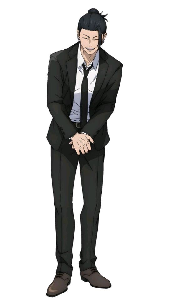 an anime character, a man with black hair, wearing a black suit and white tie, is smiling and standing with his hands clasped in front of him. his feet are slightly apart, and he is looking at the viewer. he is wearing brown shoes. the background is white.
