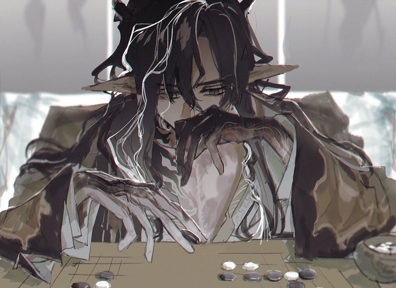 a closeup illustration of a young man playing a game of go. he's got long black hair, pointed ears, and is wearing a white shirt with a grey jacket over top. he looks serious and focused as he places a black stone on the board. the background is blurry and out of focus, but there's a hint of a wooden table and wall in the background. the lighting is soft, casting a gentle glow on the man's face. he seems to be playing with passion and concentration. the focus is on his hands and the go board.