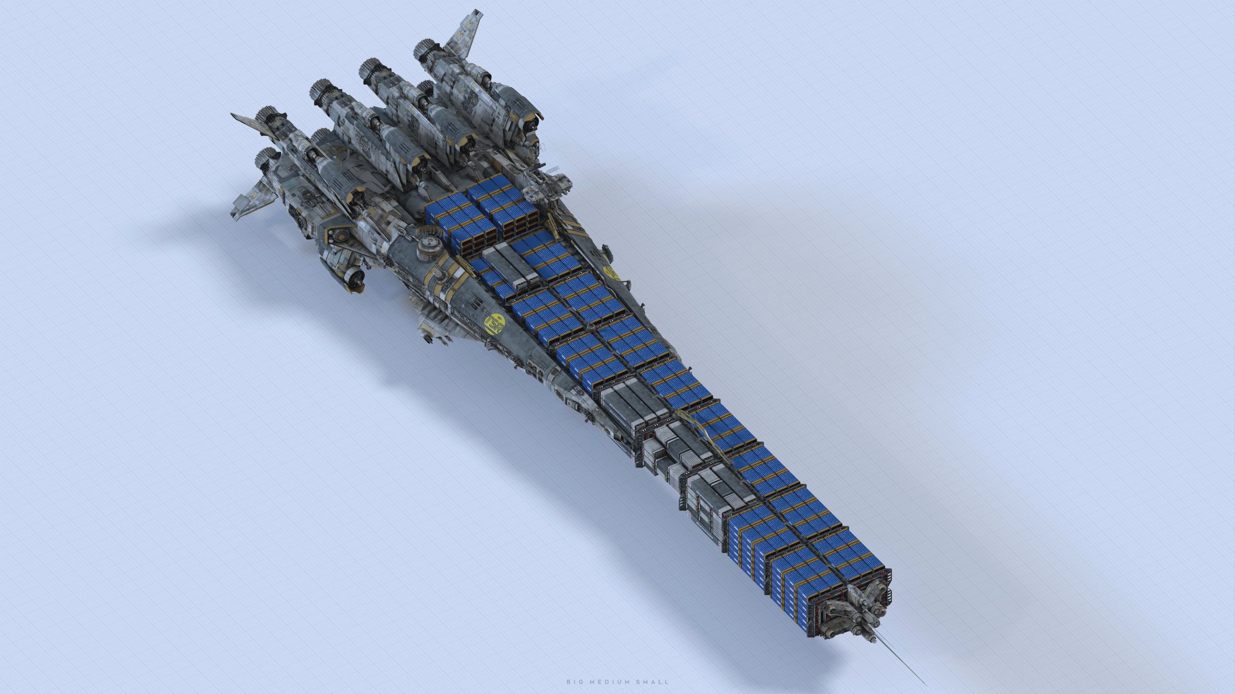 the image is a highdetail 3d rendering of a large, futuristic cargo spaceship.  the ship is predominantly grey and weathered, suggesting age and use.  the most striking feature is a long section at the rear filled with numerous uniformly sized blue containers, likely cargo.  at the front of the vessel, multiple smaller craft or engines are attached, indicating a complex design.  the background is a plain light grey, making the ship the clear focal point. the overall aesthetic leans towards a worn, functional design with a blend of futuristic and slightly industrial elements.  the image's perspective is a topdown aerial view, showing the ship's full length.  the text "big medium small" is faintly visible in the lowerright corner.