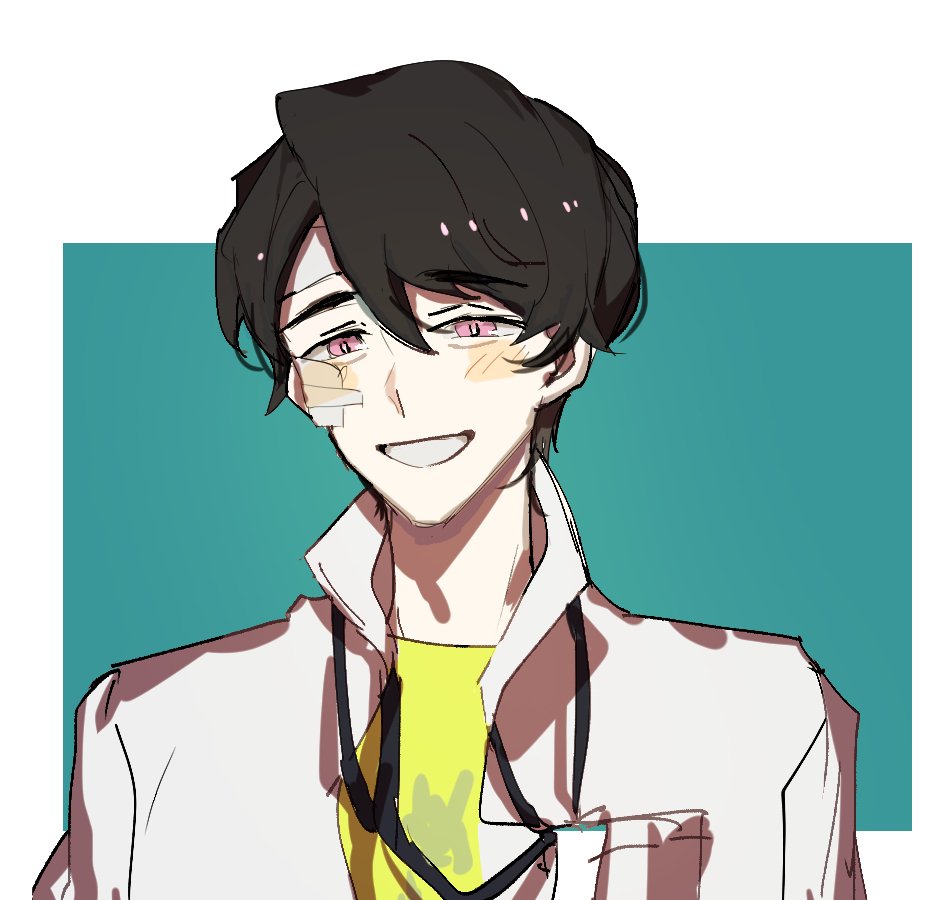 the illustration depicts a young anime male character with black hair, a white jacket, and a yellow shirt. he is smiling brightly and looks cheerful. the character has a band aid on his cheek, indicating he may have been hurt, but he is still happy and friendly.  the illustration is drawn in a digital art style.