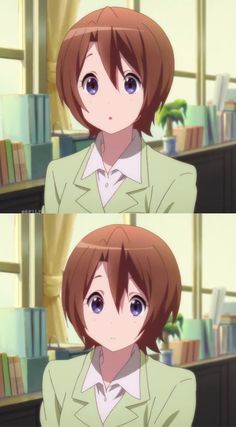 two images show the same anime girl with short brown hair and blue eyes looking at the viewer. she wears a white buttonup shirt with a light green jacket over it. her eyebrows are raised slightly. the setting appears to be a classroom with a bookshelf and window behind her.