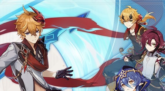 the image is a colorful anime illustration of four characters from the game "genshin impact." the characters are posed in dynamic stances suggesting action and battle. the illustration uses vibrant colors and detailed character designs to create a visually appealing and energetic scene. the background features blue and red swirls, adding to the dynamic nature of the image. the image is likely from a promotional material for the game, showcasing its characters and style.