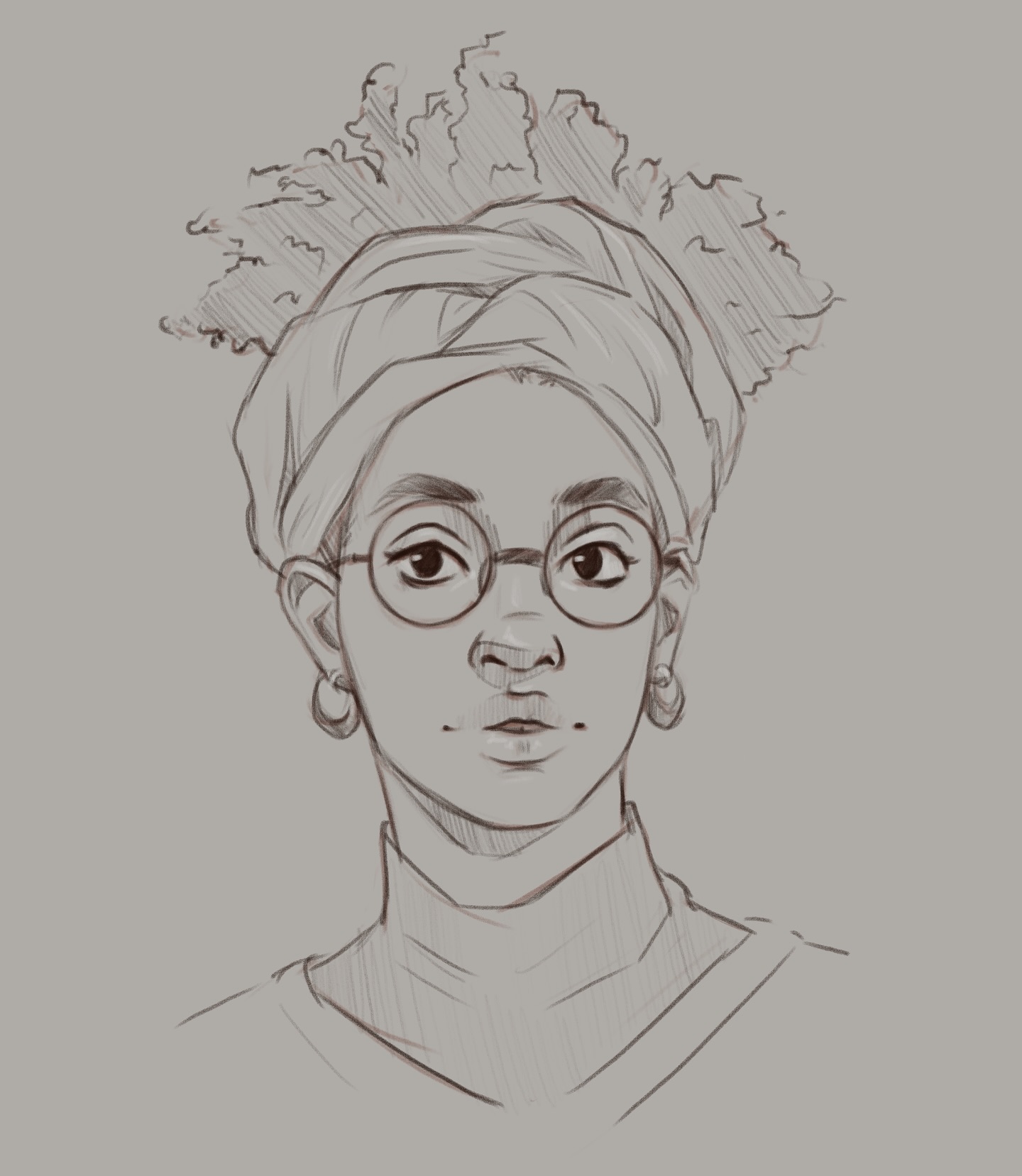 a pencil sketch of a young black woman with curly hair wrapped in a turban, wearing round glasses and a turtleneck.  the style is loose and expressive, focusing on capturing the likeness and personality rather than precise detail. the background is a muted gray.
