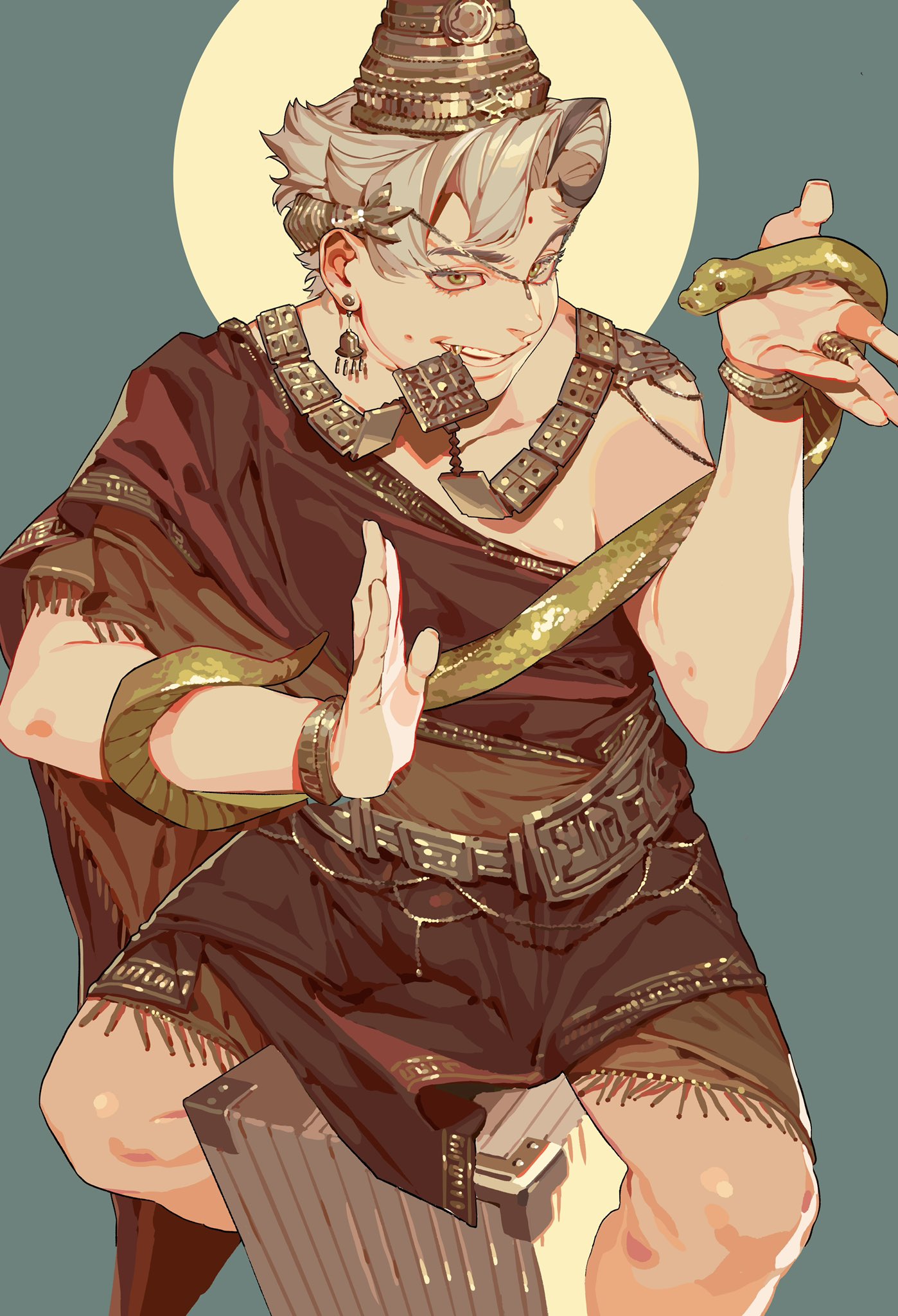 an illustration shows a man with a snake wrapped around his shoulders. he is wearing a headdress, jewelry, and a robe, and has tattoos on his face. the background is a light blue color, and there is a yellow circle behind the man's head.