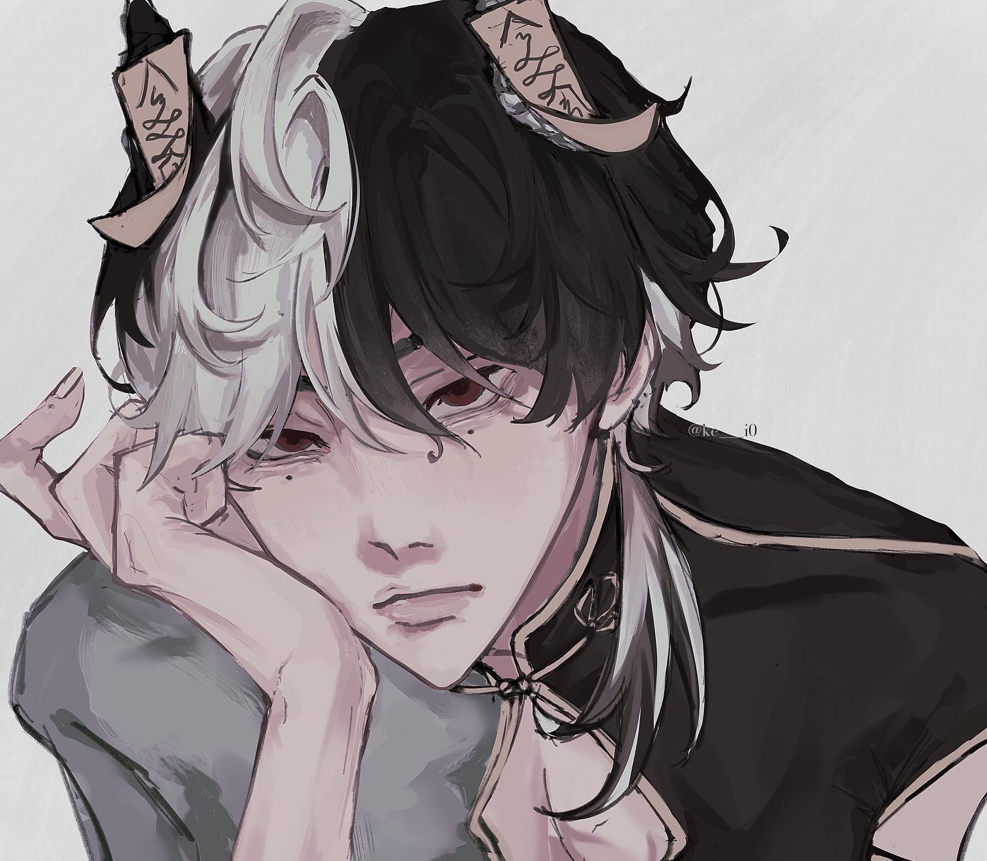 the image is a digital painting or drawing of a young animestyle male character. he has striking split hair, one half white and the other black, with small, ornate horns on either side of his head. his eyes are a deep reddishbrown, and his expression is pensive or thoughtful. he's wearing a darkcolored, asianinspired garment with gold detailing at the collar. his hand rests on his cheek, supporting his head. the art style is semirealistic, with soft, muted colors and a slightly stylized approach to anatomy and features. the background is a simple, neutral grey. the overall mood is melancholic and mysterious.
