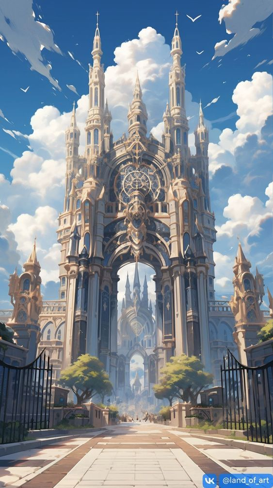 the image shows a grand and ornate cathedral with towering spires and arches. the building is made of stone and decorated with intricate details. a path leads towards the cathedral, with gates and trees on either side. the sky is blue with fluffy clouds, and sunlight illuminates the scene, creating a dreamy and fantasylike atmosphere.