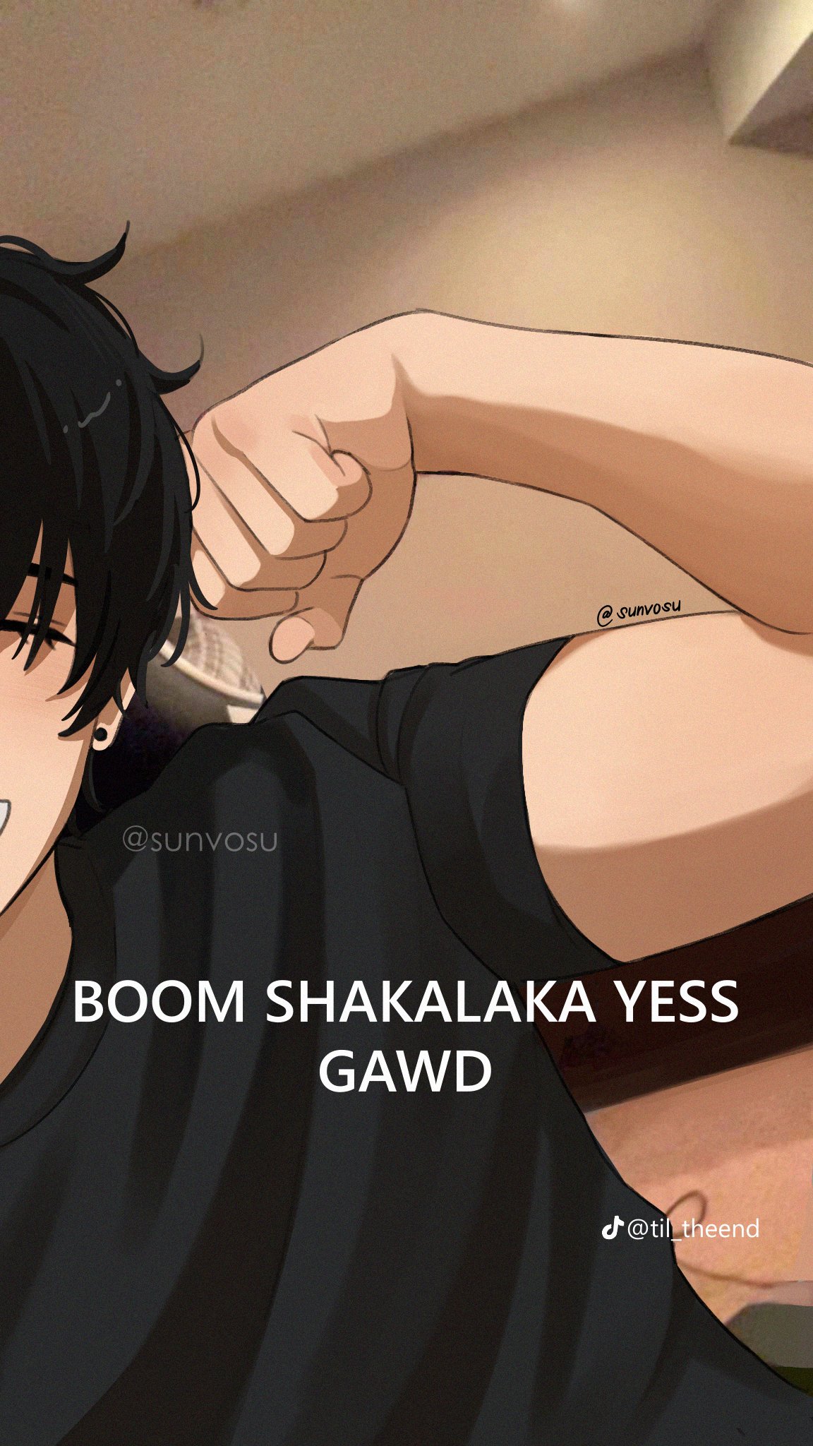 an anime character with black hair, wearing a black shirt, is making a fist. the text "boom shakalaka yess gawd" is overlaid on the image.
