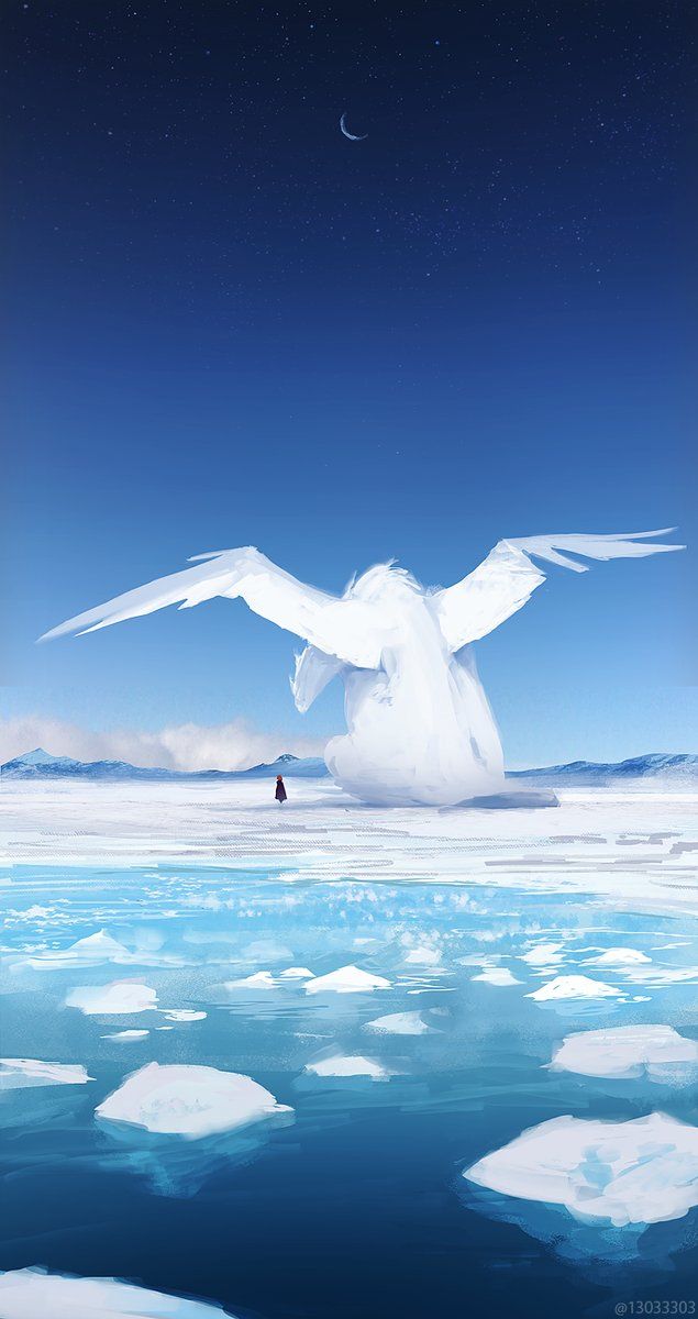 a digital art painting depicts an arctic landscape with an icefilled body of water, likely an ocean. ice floes and icebergs are scattered across the water's surface. a large, white, winged creature resembling a dragon or mythical bird sits on a snowcovered area near the water's edge. a small, redrobed figure stands near the creature. the sky is a deep blue with a crescent moon and scattered stars. the overall atmosphere is serene and fantastical.