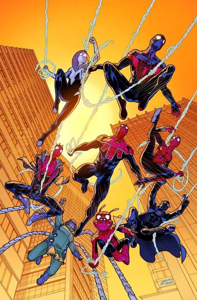 the image is a comic book style illustration of a group of spiderman characters, all in their distinct costumes, webslinging through the city. each character is shown in an action pose, with webs extending from their bodies and their masks on. the scene is vibrant, with the characters set against a backdrop of city buildings and a bright orange sky. the characters shown are spiderman 2099, silk, spiderpunk, scarlet spider, spidergwen, and spiderham.