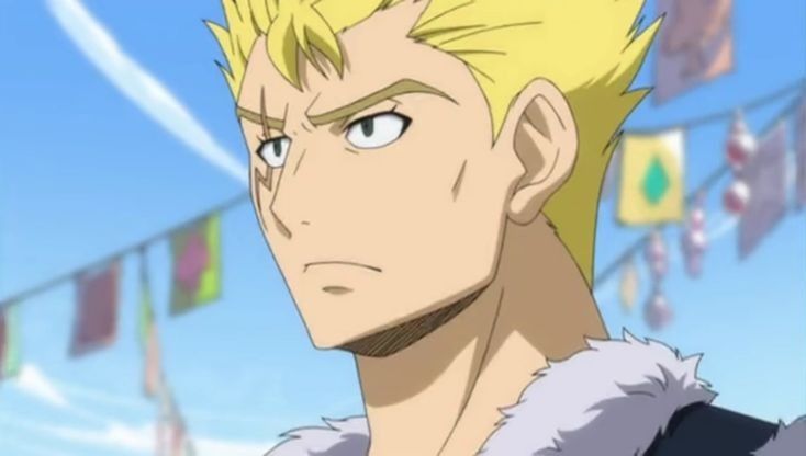a close up portrait of a serious looking male anime character. he has blond hair, blue eyes, and a scar on his left cheek. he is wearing a fur collar jacket. the background is a blue sky with flags hanging in the distance.