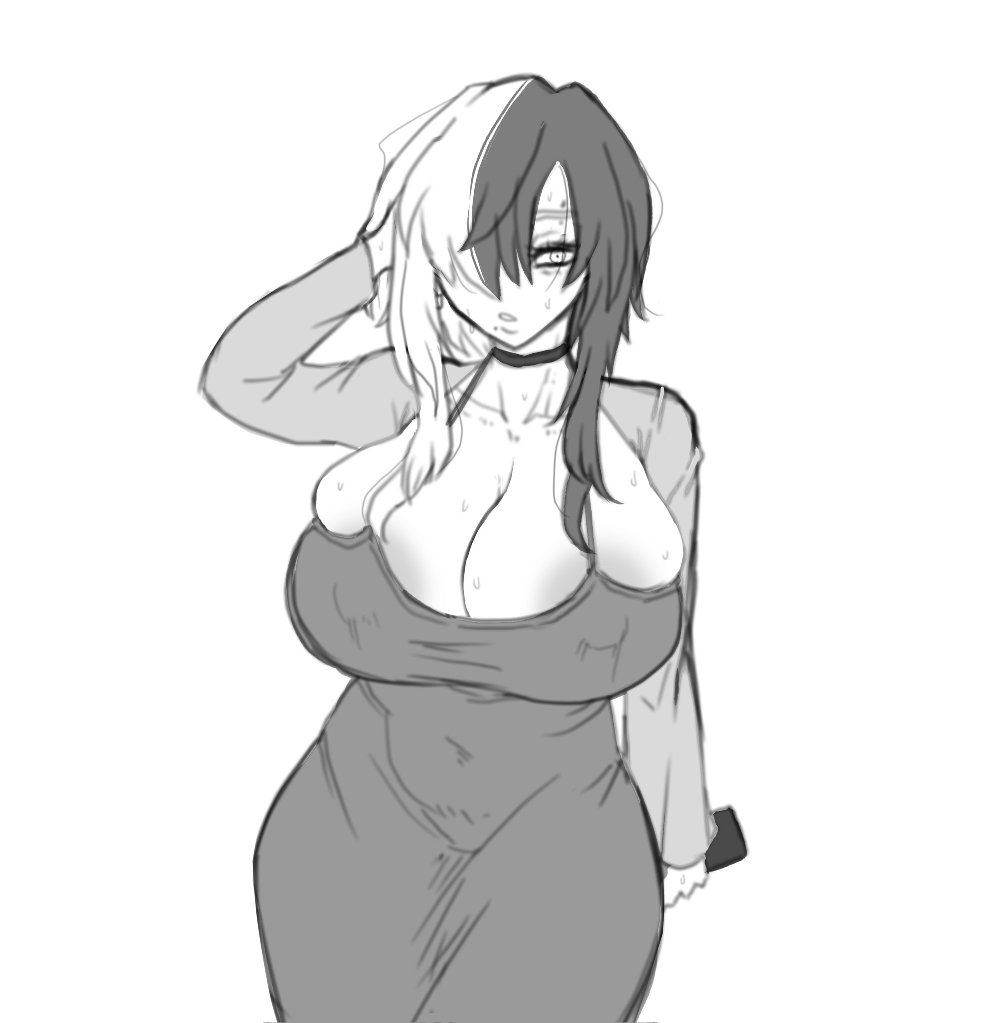 a black and white sketch of an anime woman with black and white hair. she is wearing a red dress and is sweating. she looks nervous and embarrassed, and she is holding a phone in her hand. her hand is on her head, and her other hand is holding a phone.
