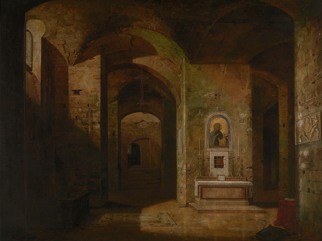 the image shows the interior of an ancient basilica or crypt. the space is constructed of brick and stone with arches supported by columns. an altar is visible with an icon above it, flanked by candles. the lighting is dim, with strong contrasts between light and shadow. the building appears old, with signs of wear and age.
