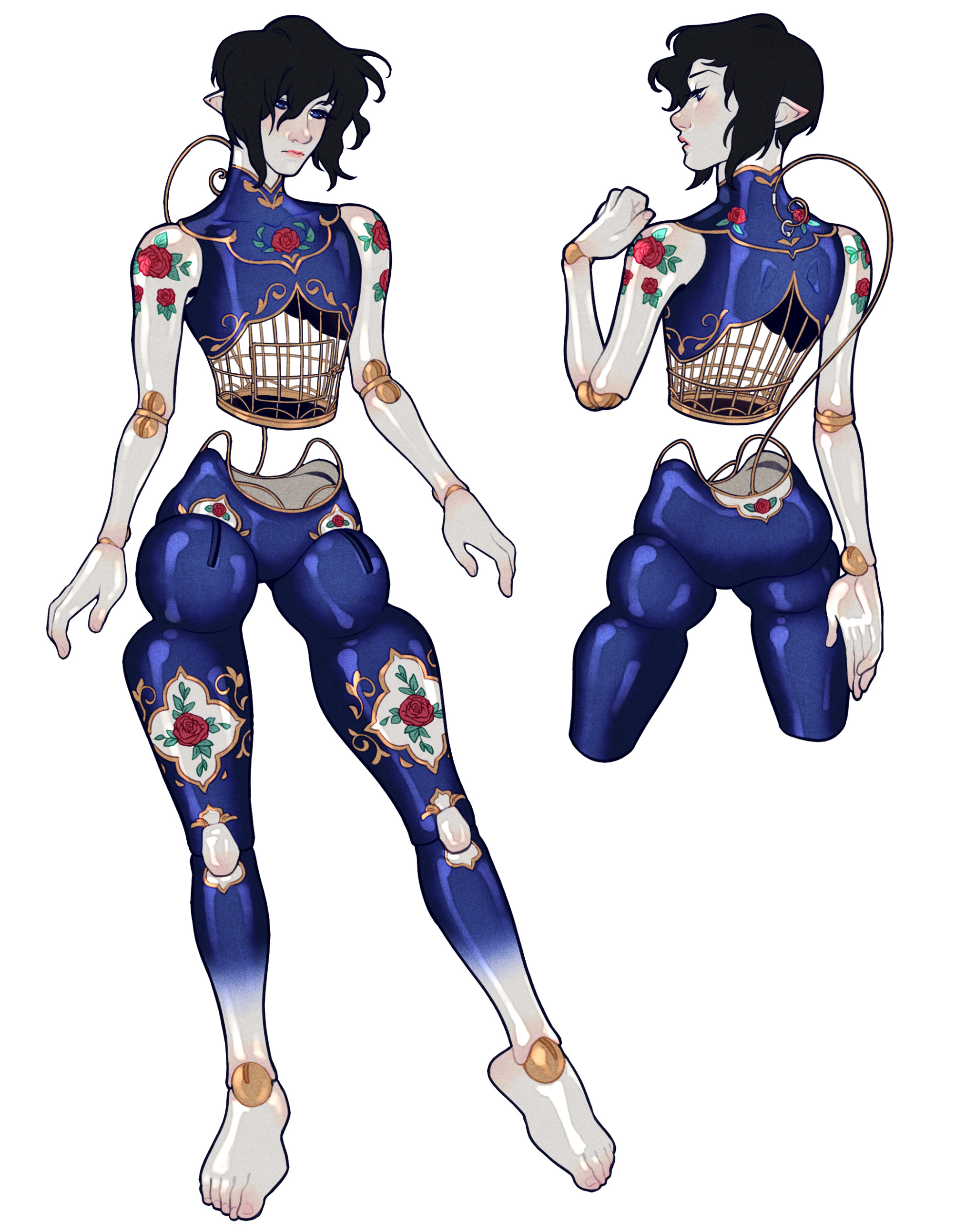 a digital illustration of a character concept design. the character is a male elf with dark hair and pale blue skin. he has a prosthetic body that resembles a clockwork doll, with visible joints and gears. the prosthetic body is primarily blue with gold accents, and is decorated with roses and floral patterns. the character's torso is a birdcage, with his ribs visible inside. he is shown in two poses: a front view and a back view, against a plain white background.