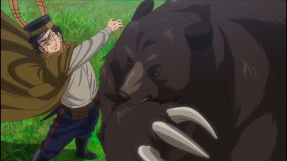 an anime style man is running away from a large brown bear. the man is wearing a brown cloak and a hat. the bear is chasing him with its claws out and its mouth open. the background is a green grass field. the image is very dynamic, with the man and the bear both moving quickly. the expression on the man's face shows fear and panic, as the bear is a dangerous predator. the bear is imposing and powerful, and its claws are sharp and dangerous. the scene is full of tension and suspense.