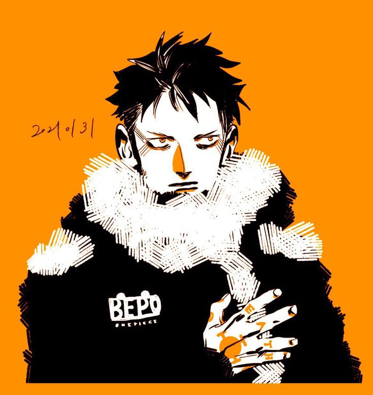 this is a digital art illustration of bepo from one piece. he is a member of the heart pirates. the image is in black and white, and the background is orange. bepo has a furry hat and jacket on, he is looking down with his hand in the view. he has a tattoo on his hand.